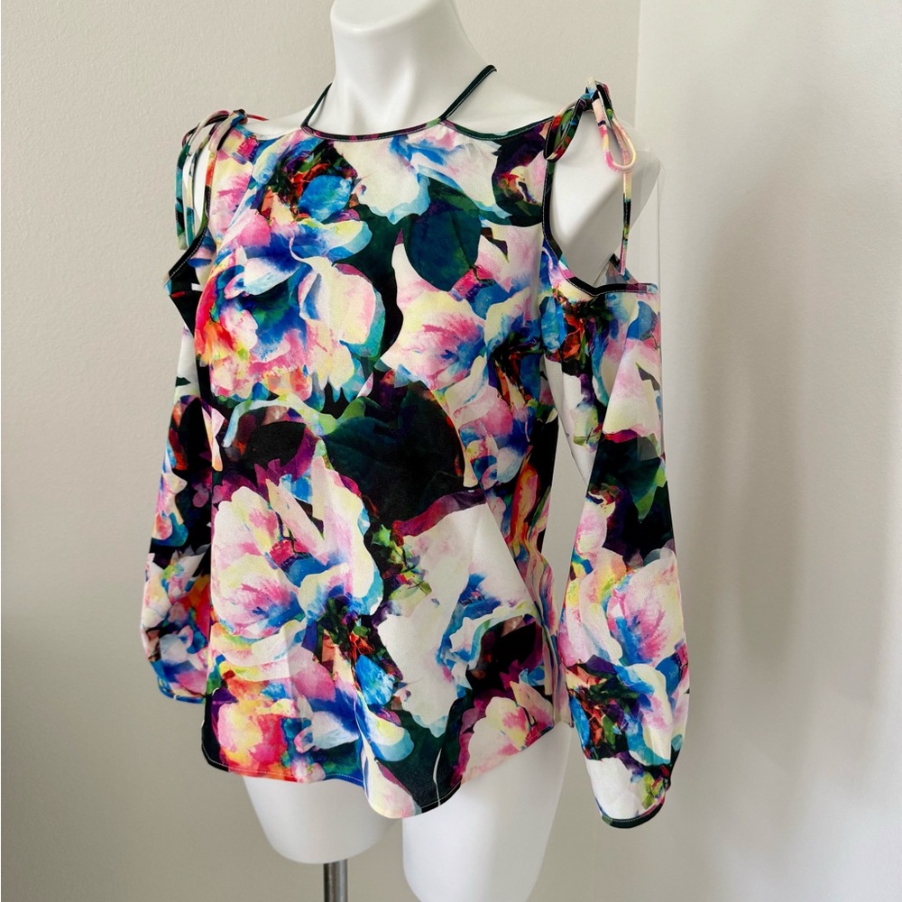 Nicole Miller Artelier Bright Floral Colorful Cold Shoulder Blouse Small - Picture 2 of 6